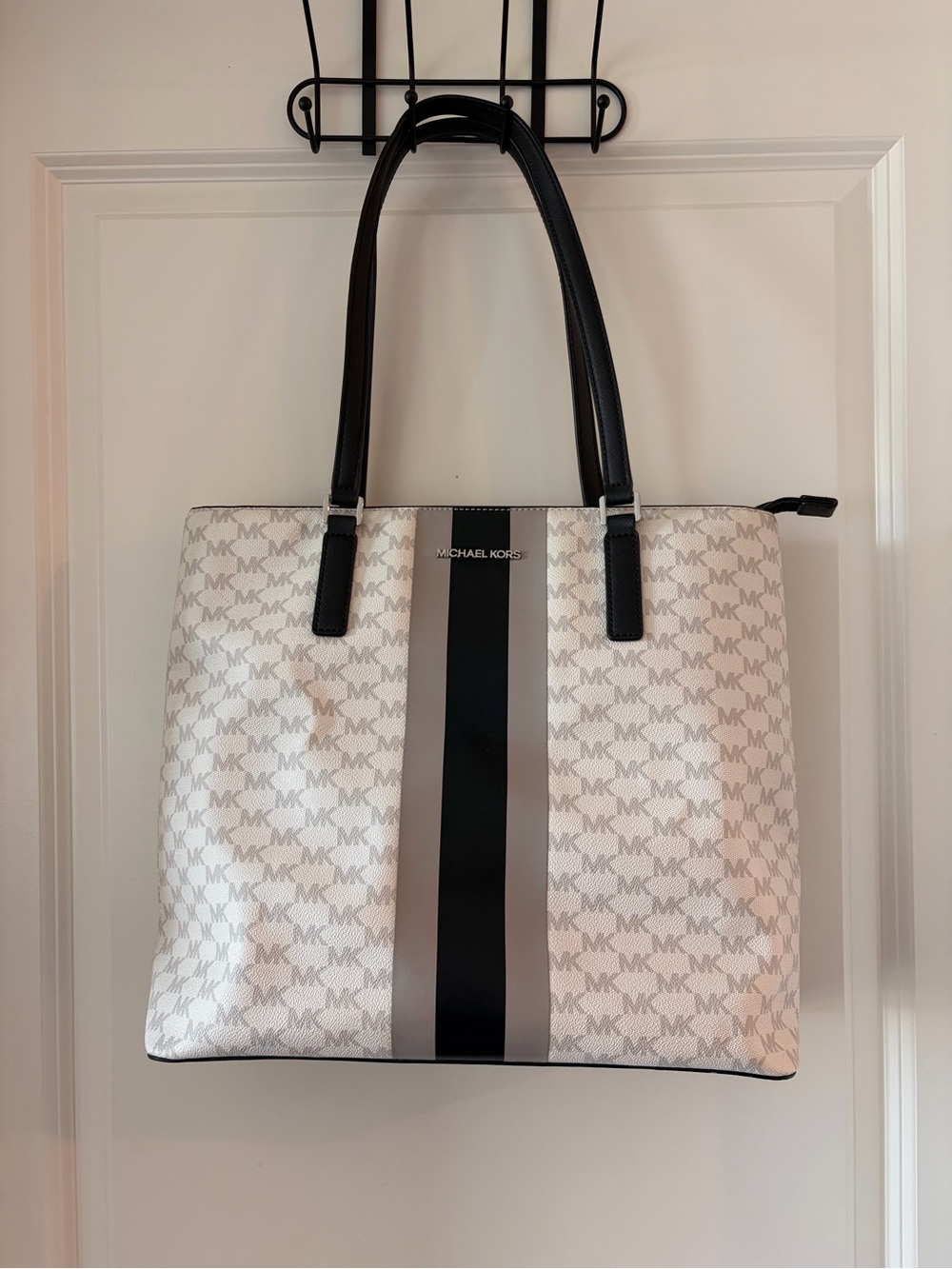 Michael Kors White Monogram Tote with Black and Gray Center Stripe
